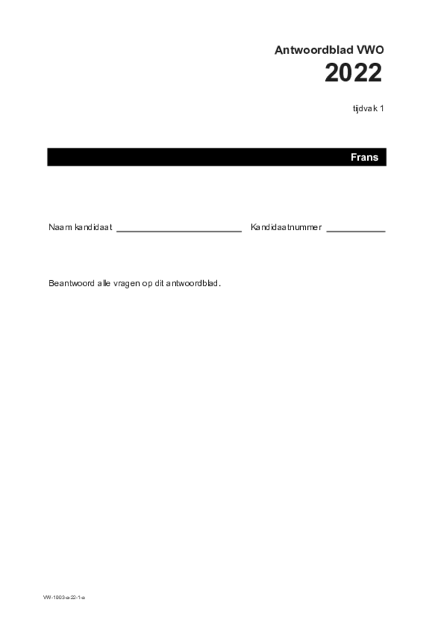 Antwoordblad examen VWO Frans 2022, tijdvak 1. Pagina 1