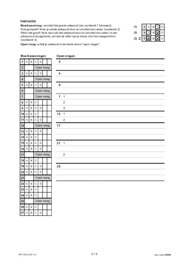 Antwoordblad examen VWO Frans 2022, tijdvak 1. Pagina 2