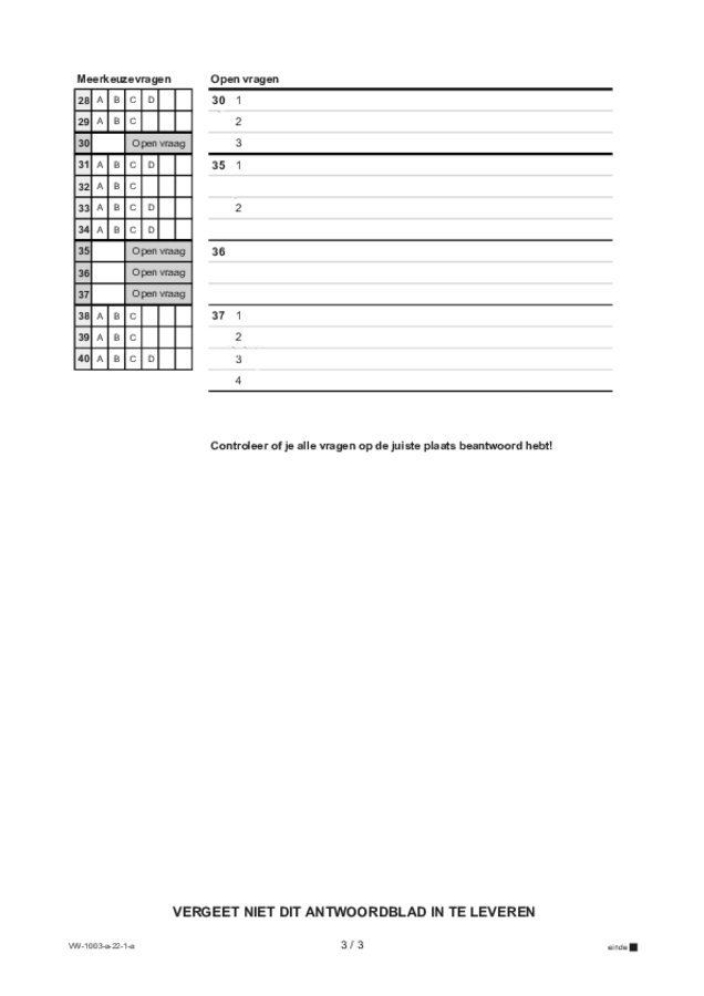 Antwoordblad examen VWO Frans 2022, tijdvak 1. Pagina 3