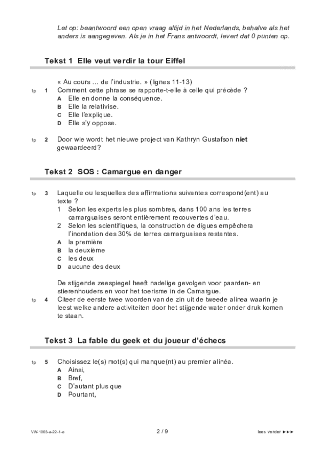 Opgaven examen VWO Frans 2022, tijdvak 1. Pagina 2