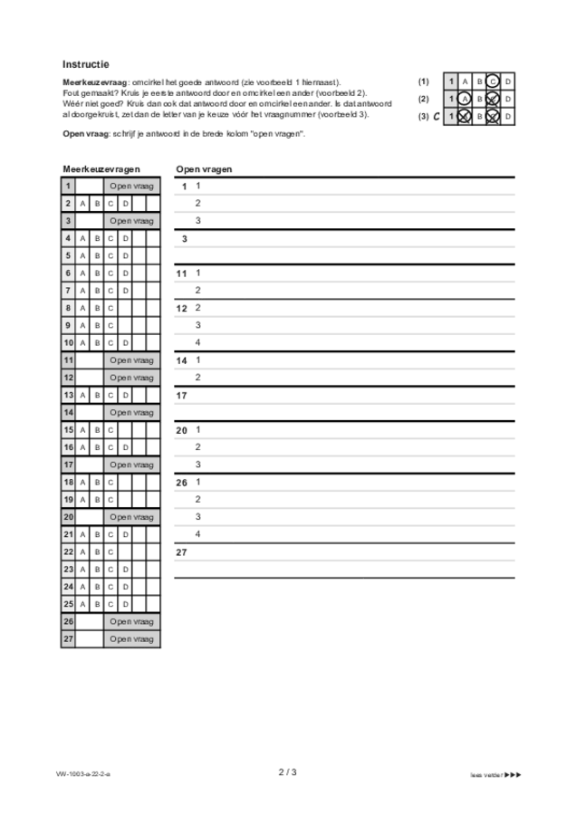 Antwoordblad examen VWO Frans 2022, tijdvak 2. Pagina 2