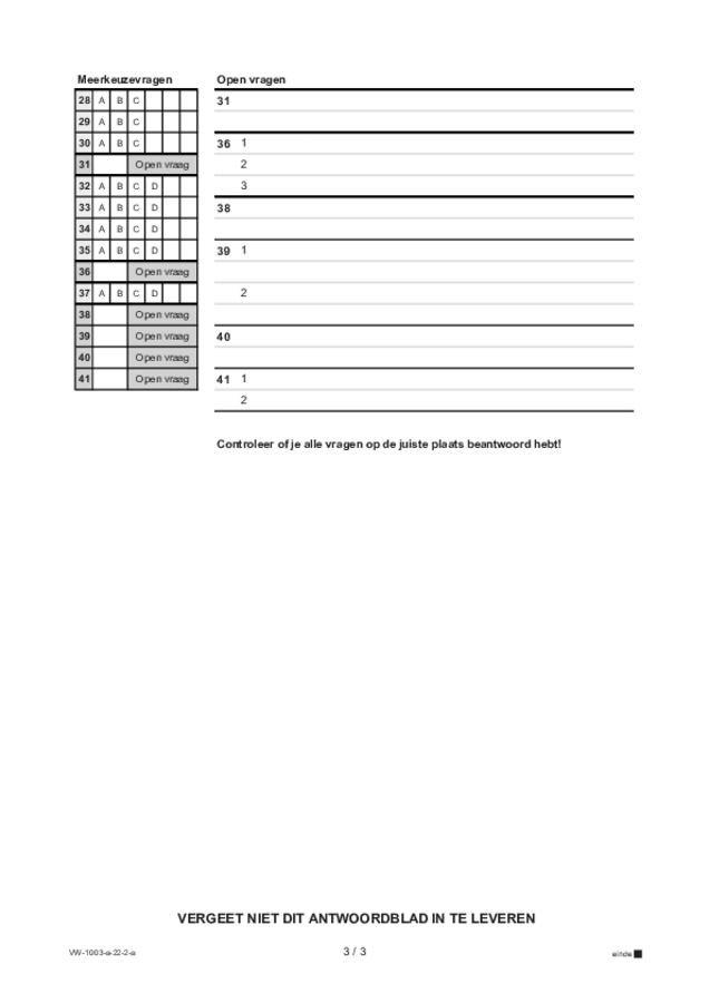 Antwoordblad examen VWO Frans 2022, tijdvak 2. Pagina 3