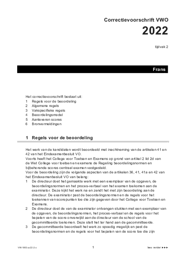 Correctievoorschrift examen VWO Frans 2022, tijdvak 2. Pagina 1