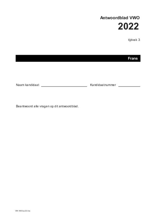 Antwoordblad examen VWO Frans 2022, tijdvak 3. Pagina 1