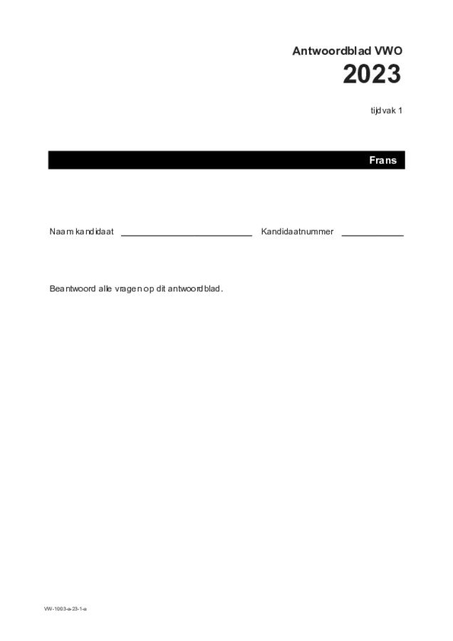 Antwoordblad examen VWO Frans 2023, tijdvak 1. Pagina 1