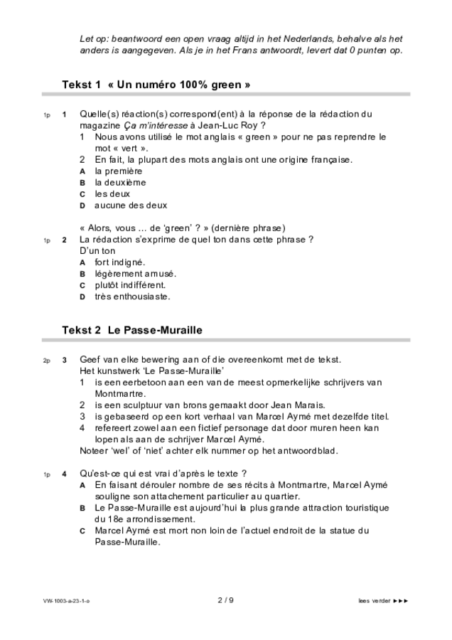 Opgaven examen VWO Frans 2023, tijdvak 1. Pagina 2