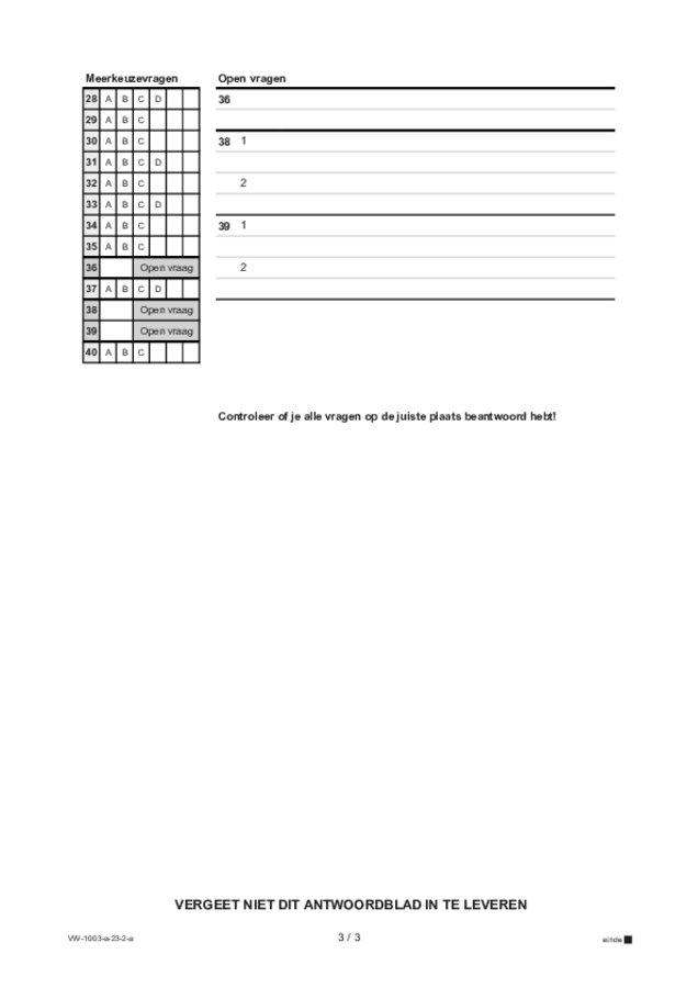 Antwoordblad examen VWO Frans 2023, tijdvak 2. Pagina 3