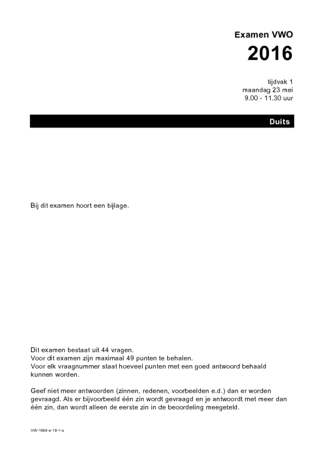 Opgaven examen VWO Duits 2016, tijdvak 1. Pagina 1