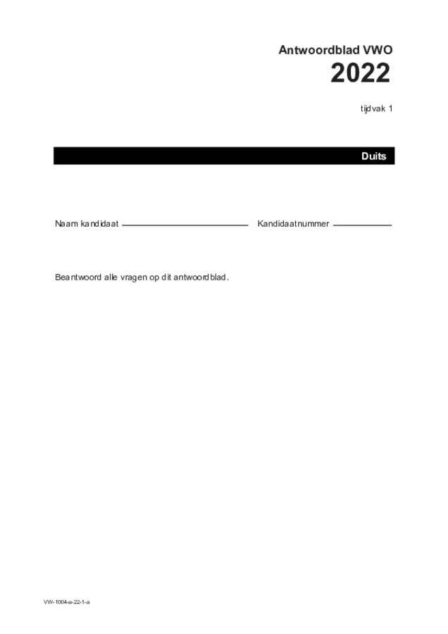 Antwoordblad examen VWO Duits 2022, tijdvak 1. Pagina 1