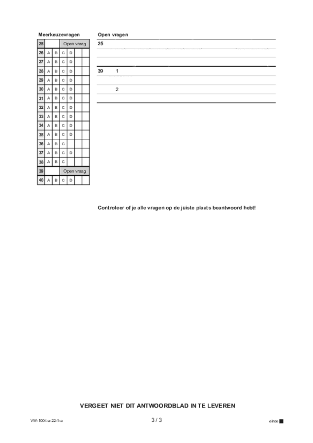 Antwoordblad examen VWO Duits 2022, tijdvak 1. Pagina 3