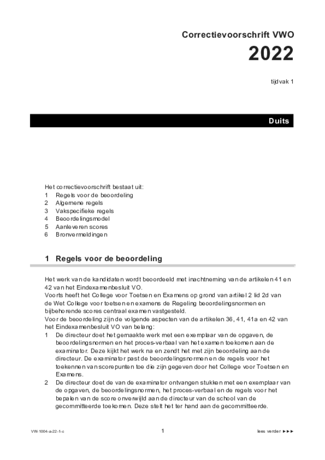 Correctievoorschrift examen VWO Duits 2022, tijdvak 1. Pagina 1