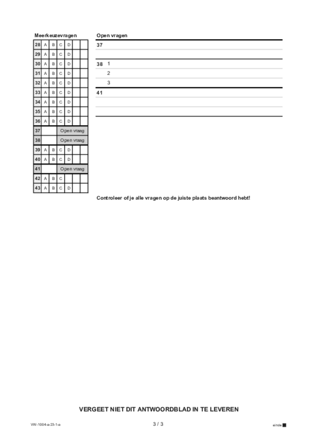 Antwoordblad examen VWO Duits 2023, tijdvak 1. Pagina 3