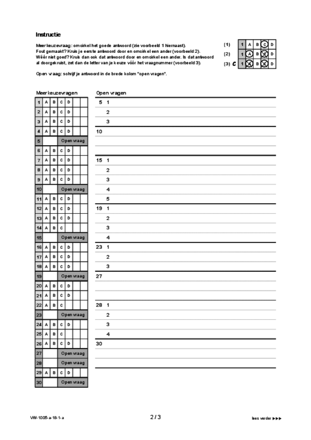 Antwoordblad examen VWO Spaans 2018, tijdvak 1. Pagina 2