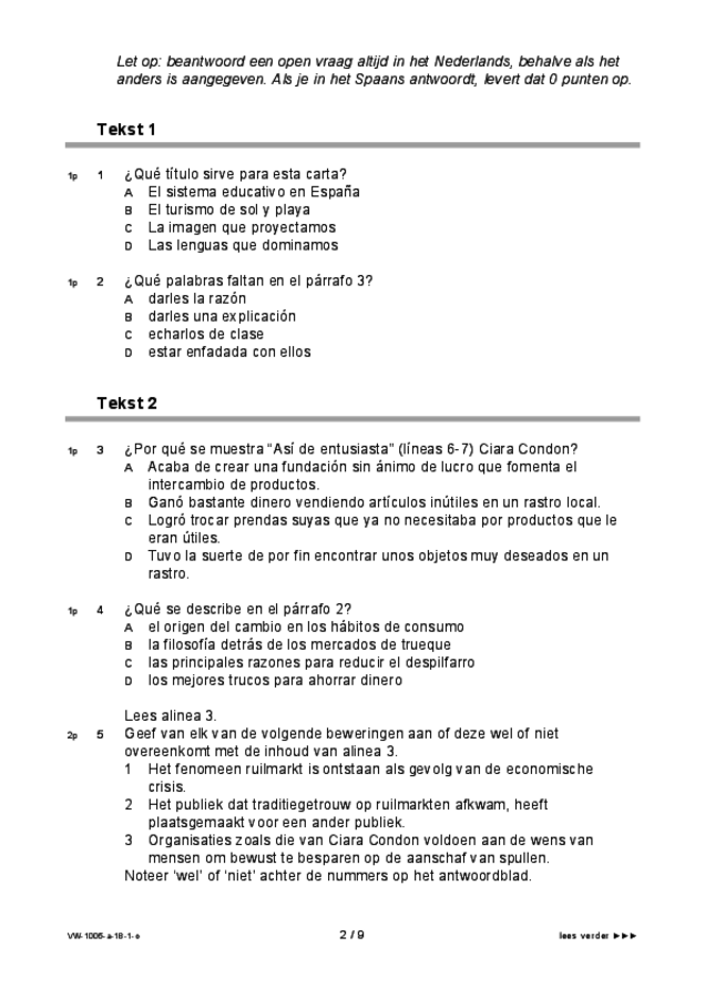 Opgaven examen VWO Spaans 2018, tijdvak 1. Pagina 2