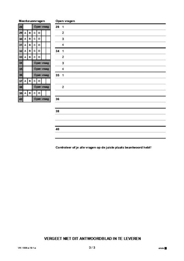 Antwoordblad examen VWO Spaans 2019, tijdvak 1. Pagina 3
