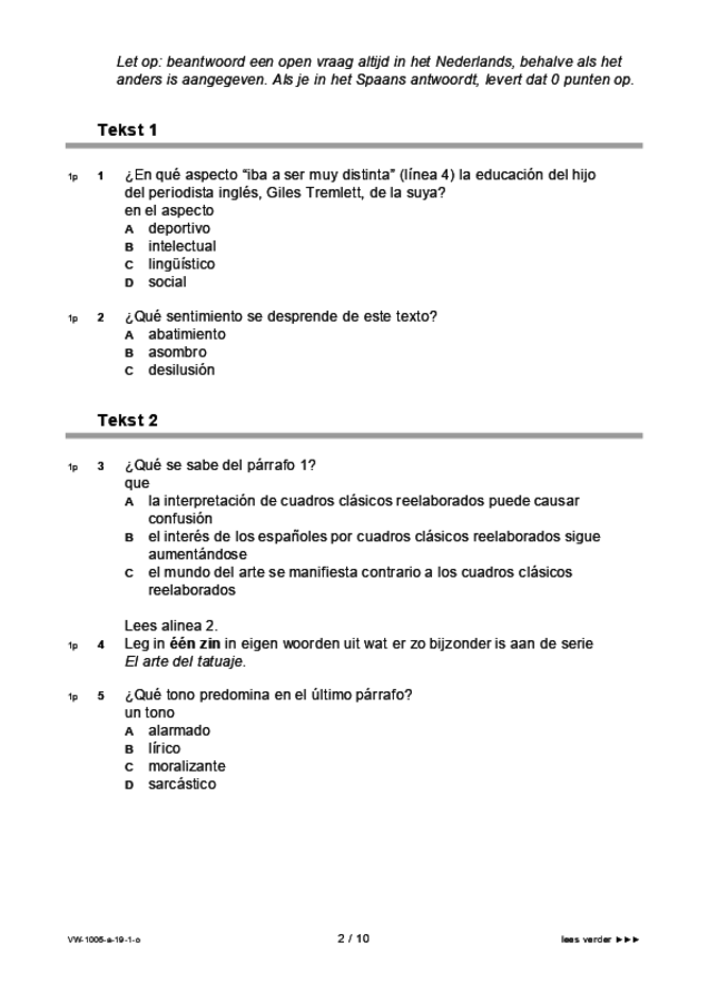 Opgaven examen VWO Spaans 2019, tijdvak 1. Pagina 2