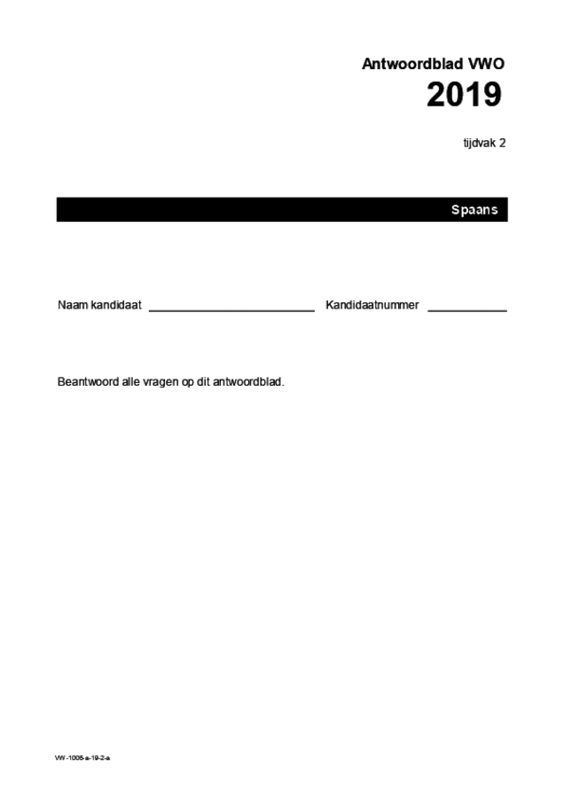 Antwoordblad examen VWO Spaans 2019, tijdvak 2. Pagina 1