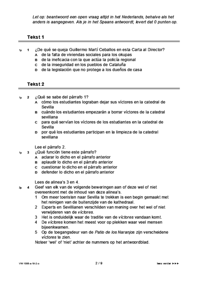 Opgaven examen VWO Spaans 2019, tijdvak 2. Pagina 2