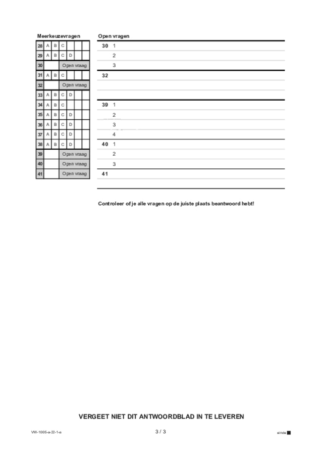 Antwoordblad examen VWO Spaans 2022, tijdvak 1. Pagina 3