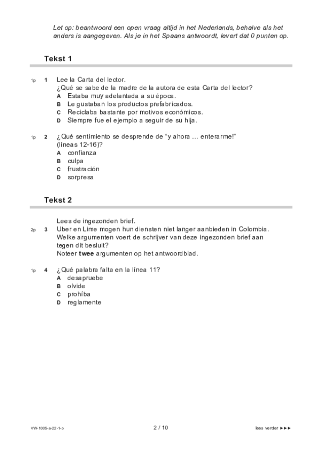 Opgaven examen VWO Spaans 2022, tijdvak 1. Pagina 2