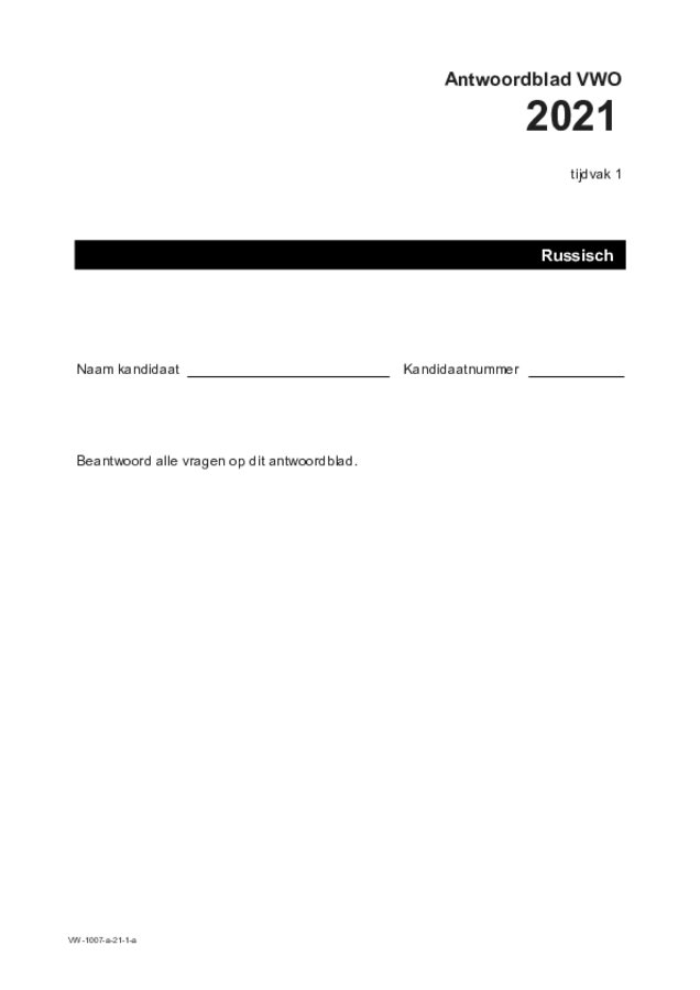 Antwoordblad examen VWO Russisch 2021, tijdvak 1. Pagina 1