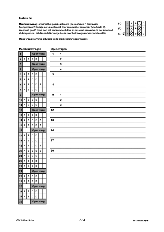 Antwoordblad examen VWO Turks 2019, tijdvak 1. Pagina 2