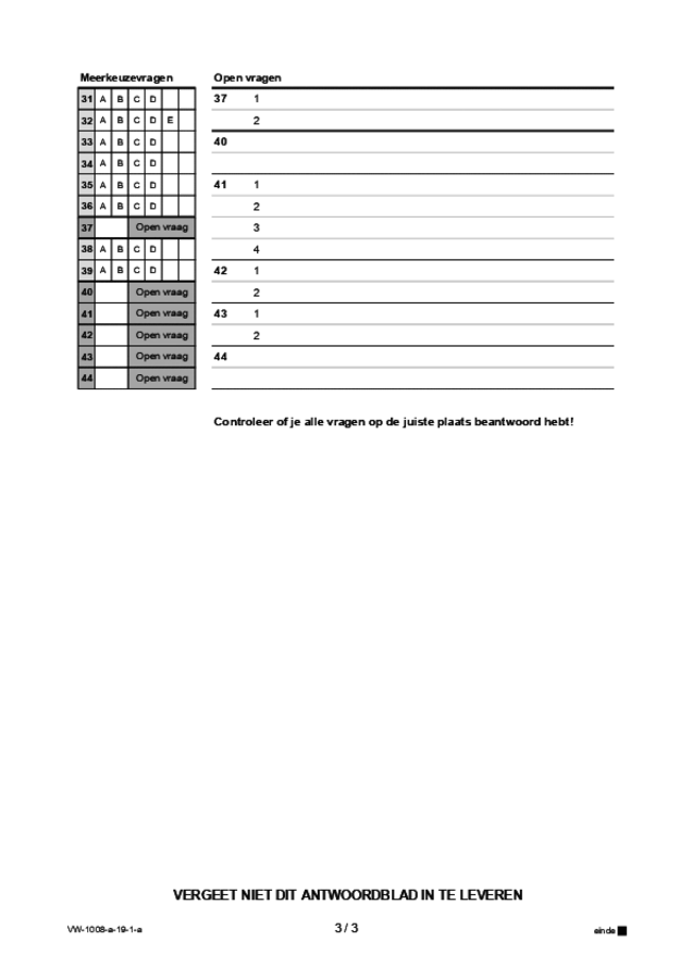 Antwoordblad examen VWO Turks 2019, tijdvak 1. Pagina 3