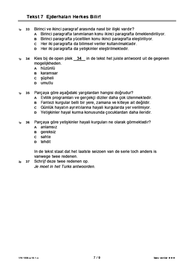 Opgaven examen VWO Turks 2019, tijdvak 1. Pagina 7