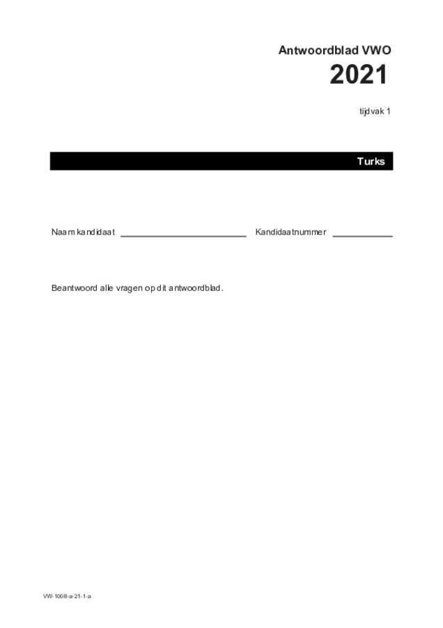 Antwoordblad examen VWO Turks 2021, tijdvak 1. Pagina 1