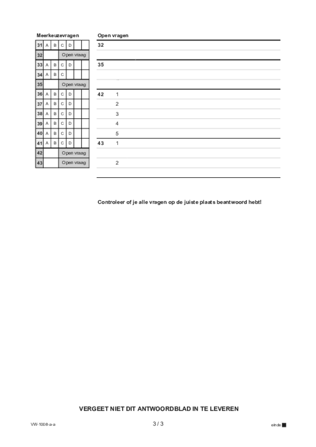 Antwoordblad examen VWO Turks 2021, tijdvak 1. Pagina 3