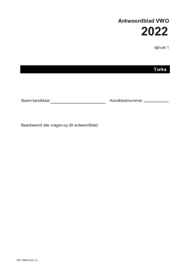 Antwoordblad examen VWO Turks 2022, tijdvak 1. Pagina 1