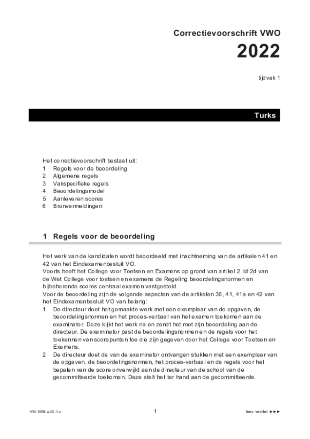 Correctievoorschrift examen VWO Turks 2022, tijdvak 1. Pagina 1