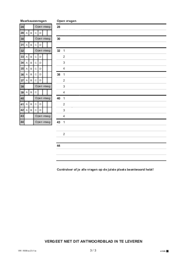 Antwoordblad examen VWO Turks 2023, tijdvak 1. Pagina 3