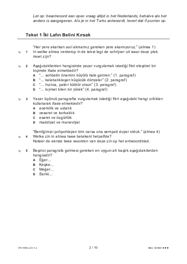 Opgaven examen VWO Turks 2023, tijdvak 1. Pagina 2