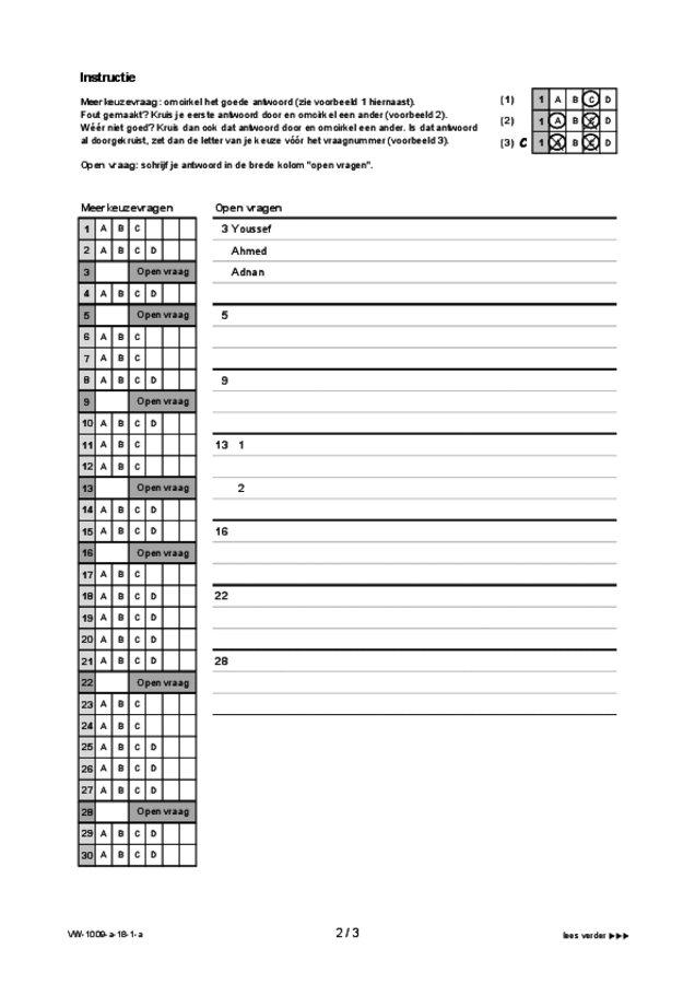 Antwoordblad examen VWO Arabisch 2018, tijdvak 1. Pagina 2