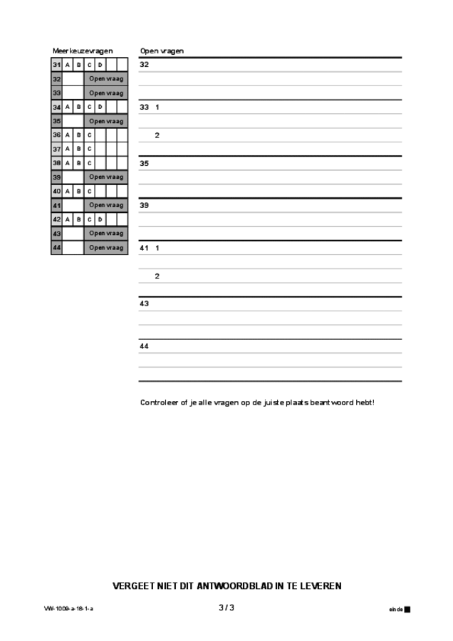 Antwoordblad examen VWO Arabisch 2018, tijdvak 1. Pagina 3