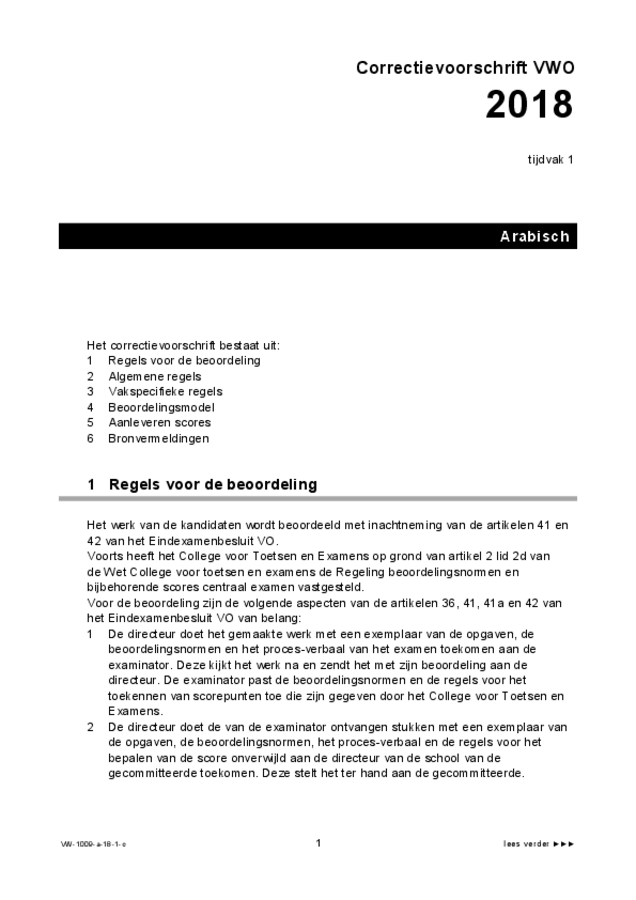 Correctievoorschrift examen VWO Arabisch 2018, tijdvak 1. Pagina 1