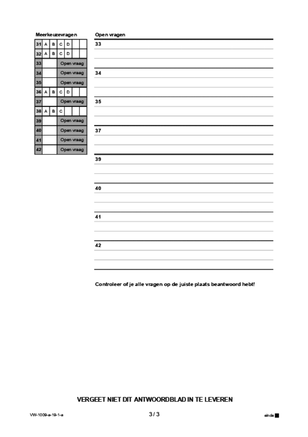 Antwoordblad examen VWO Arabisch 2019, tijdvak 1. Pagina 3