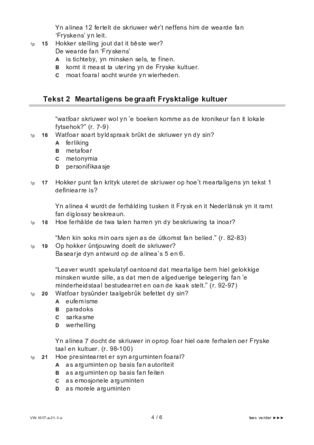 Opgaven examen VWO Fries 2021, tijdvak 1. Pagina 4