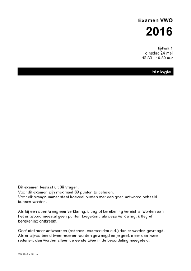 Opgaven examen VWO biologie 2016, tijdvak 1. Pagina 1