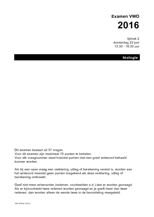 Opgaven examen VWO biologie 2016, tijdvak 2. Pagina 1