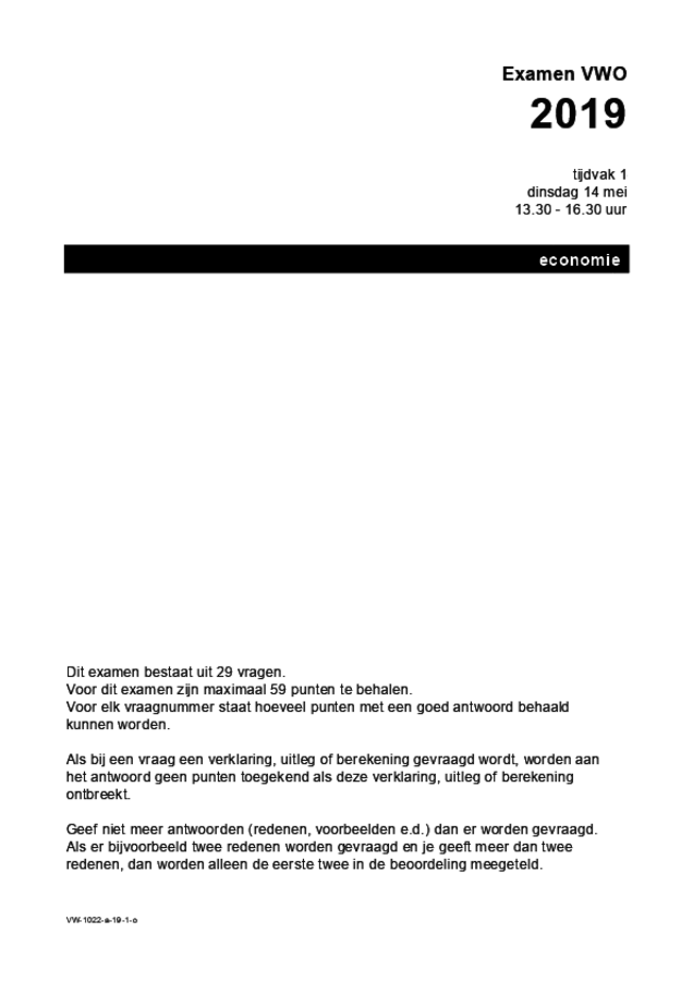 Opgaven examen VWO economie 2019, tijdvak 1. Pagina 1