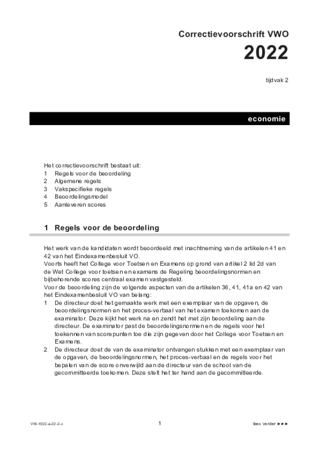 Correctievoorschrift examen VWO economie 2022, tijdvak 2. Pagina 1