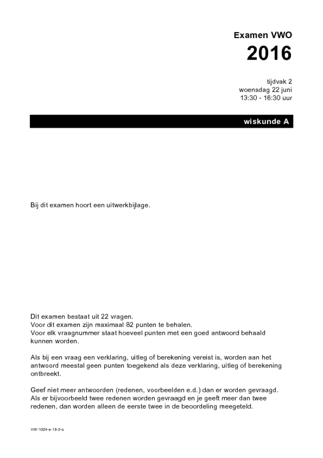Opgaven examen VWO wiskunde A 2016, tijdvak 2. Pagina 1