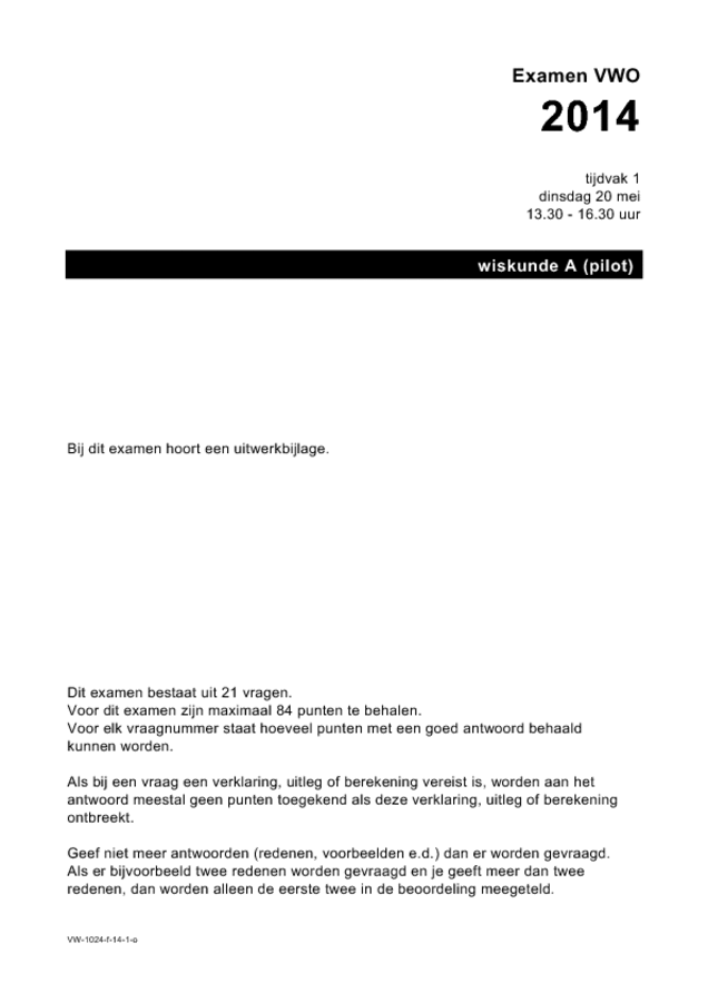 Opgaven examen VWO wiskunde A 2014, tijdvak 1. Pagina 1