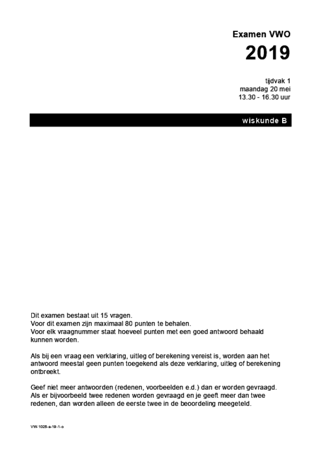 Opgaven examen VWO wiskunde B 2019, tijdvak 1. Pagina 1