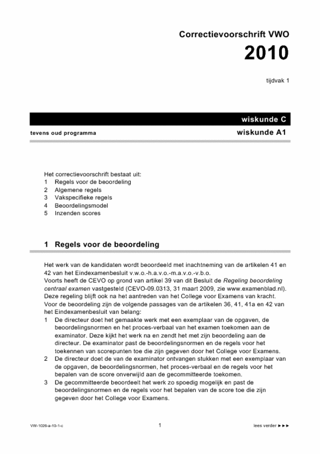 Correctievoorschrift examen VWO wiskunde C 2010, tijdvak 1. Pagina 1