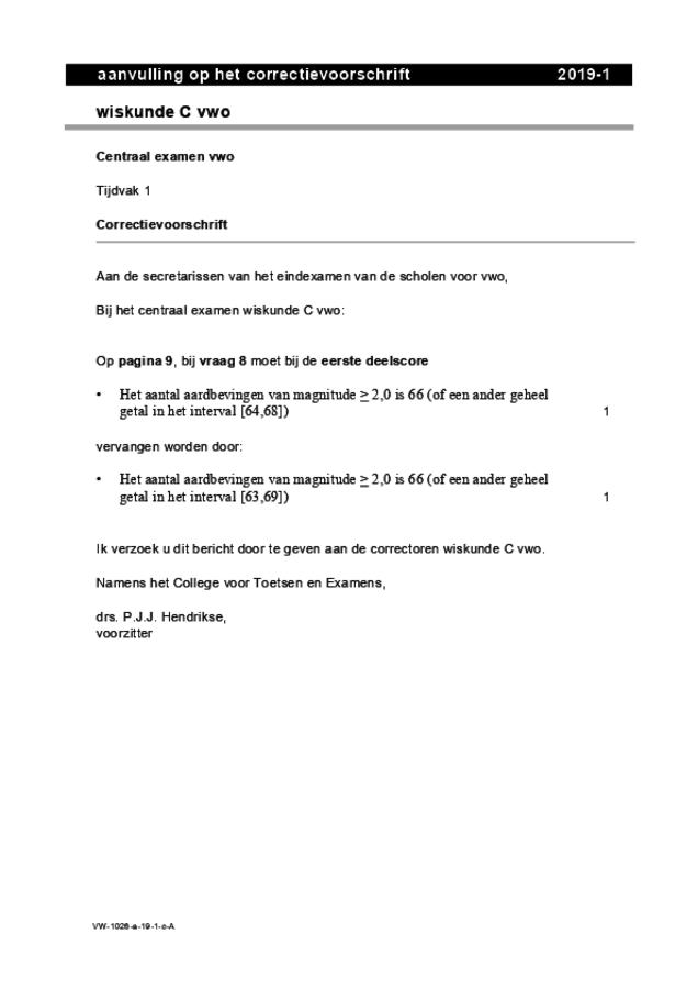 Aanvullingen examen VWO wiskunde C 2019, tijdvak 1. Pagina 1