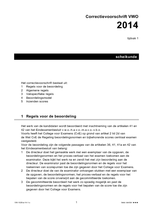 Correctievoorschrift examen VWO scheikunde 2014, tijdvak 1. Pagina 1