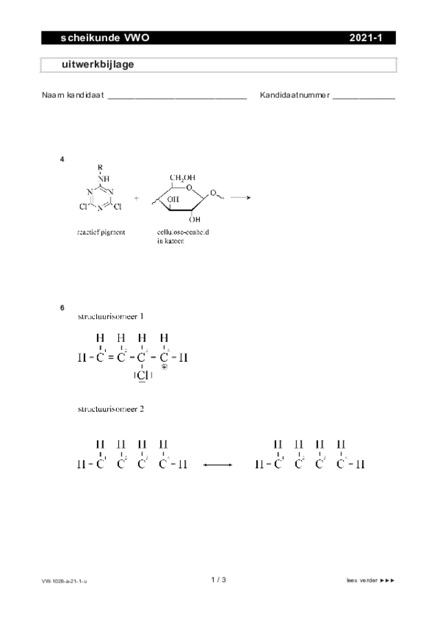Uitwerkbijlage examen VWO scheikunde 2021, tijdvak 1. Pagina 1